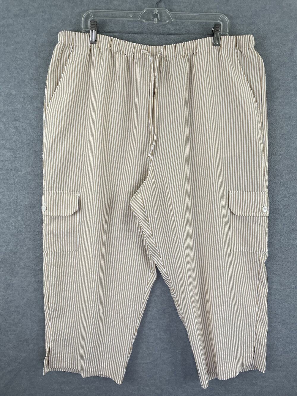 Orvis Women's XL Pull On Capris Beige White Seersucker Stripe Lightweight Pocket